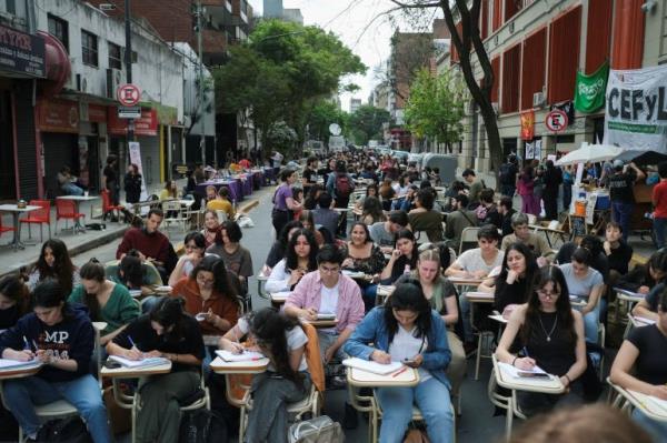 Students from the department of Philosophy and Letters at the University of Buenos Aires hold classes in the street to protest President Javier Milei's veto of a university funding law.
