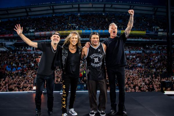 From left: Drummer Lars Ulrich, guitarist Kirk Hammett, bassist Robert Trujillo and vocalist James Hetfield stand on the stage at Ullevi Stadium in Gothenburg, Sweden, on June 18. (metallica)